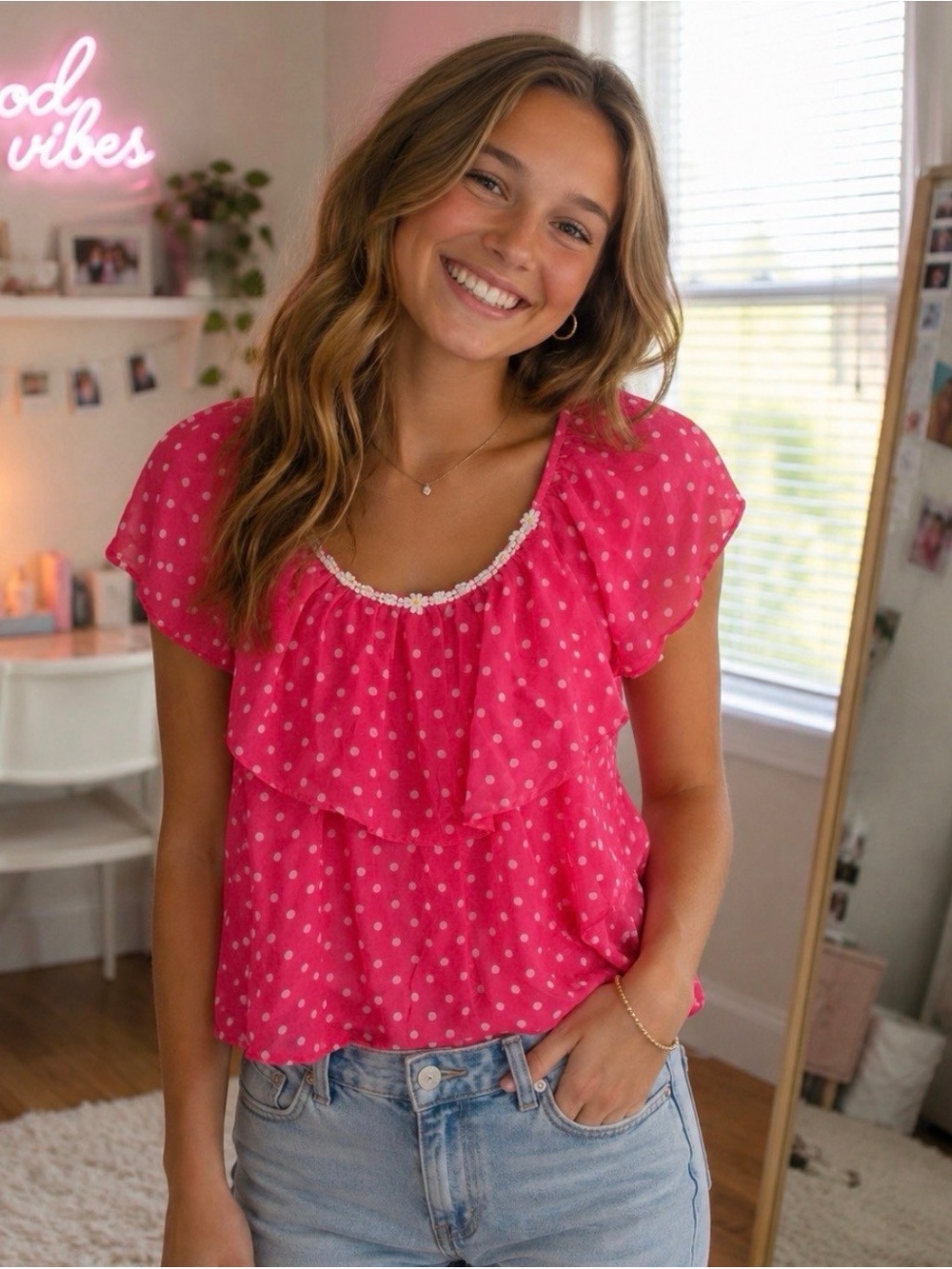 Justice Hot Pink Polka Dot Ruffle Top with Trimmed Scoop Neck